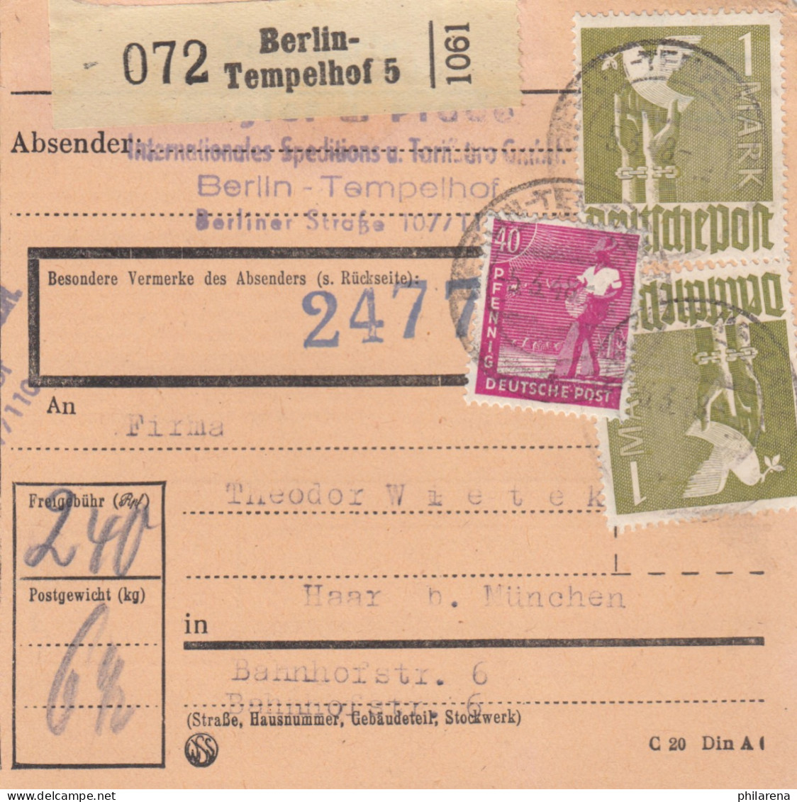 Paketkarte 1948: Berlin-Tempelhof, Int. Spedition, Bes. Vermerk 2477 - Briefe U. Dokumente
