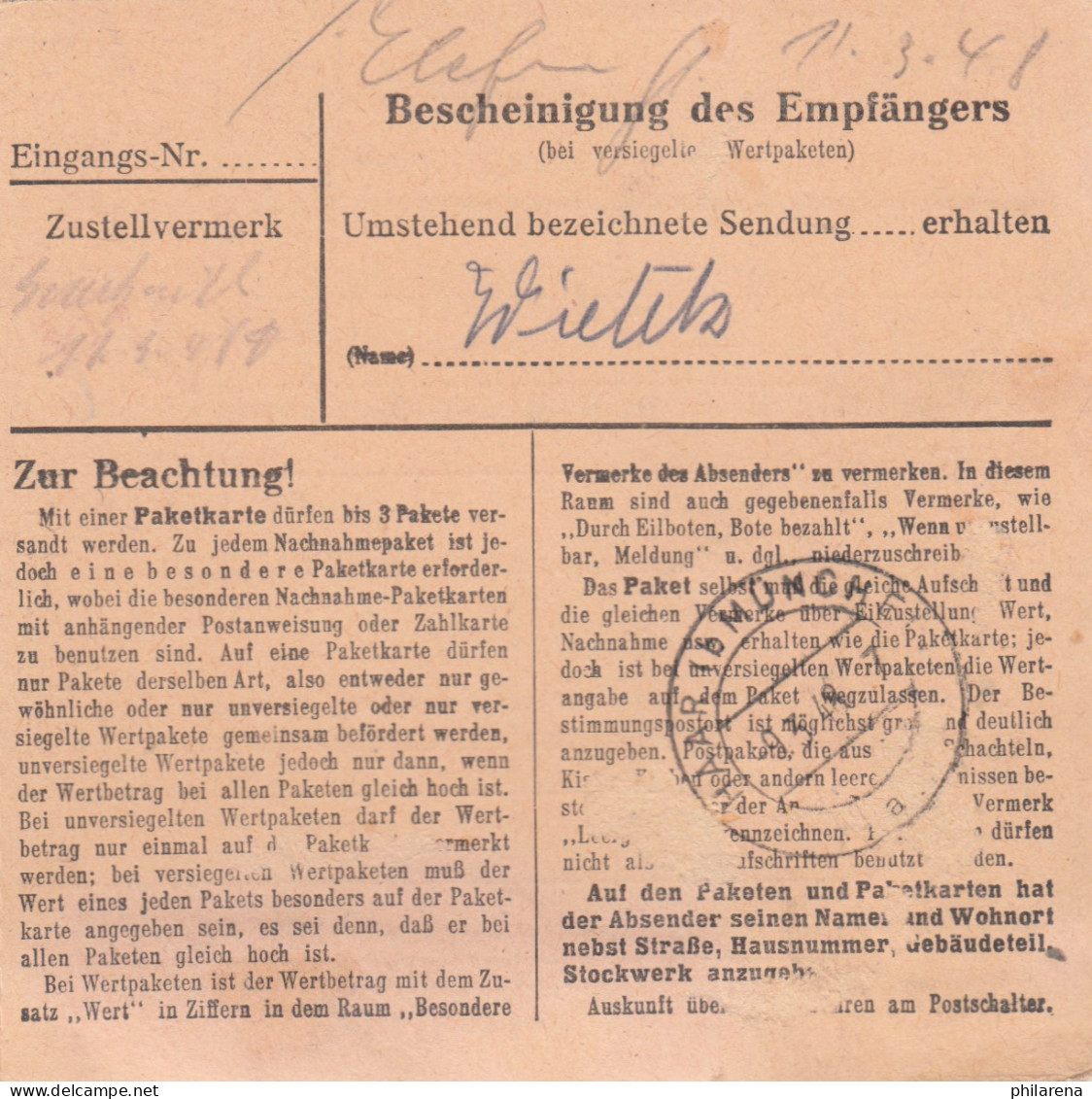 Paketkarte 1948: Berlin-Tempelhof, Int. Spedition, Bes. Vermerk 2477 - Briefe U. Dokumente