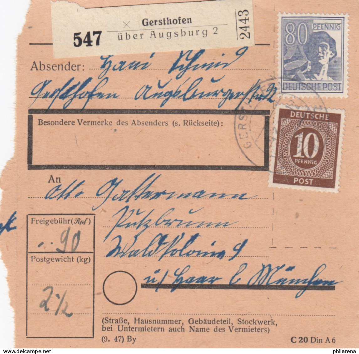 Paketkarte 1948: Gersthofen Nach Putzbrunn über Haar - Lettres & Documents