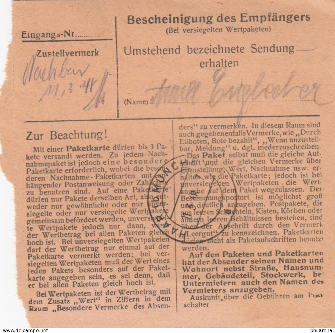 Paketkarte 1948: Gersthofen Nach Putzbrunn über Haar - Lettres & Documents