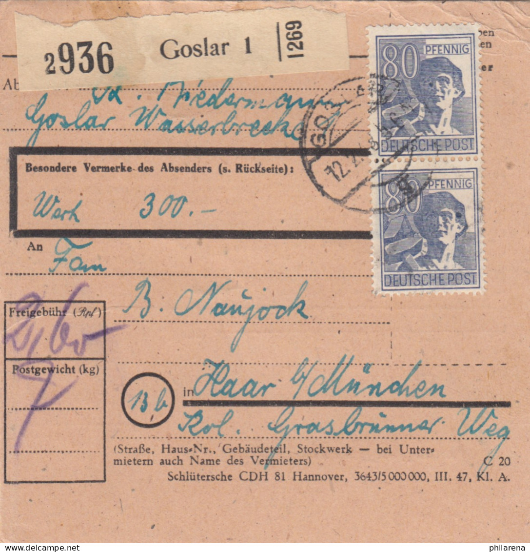 Paketkarte 1948: Goslar Nach Haar, Wertkarte - Lettres & Documents