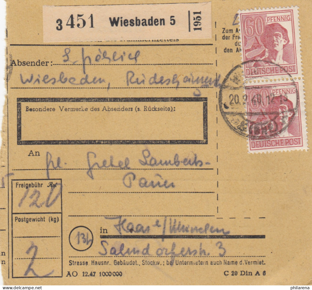 Paketkarte 1948: Wiesbaden Nach Haar Bei München - Lettres & Documents