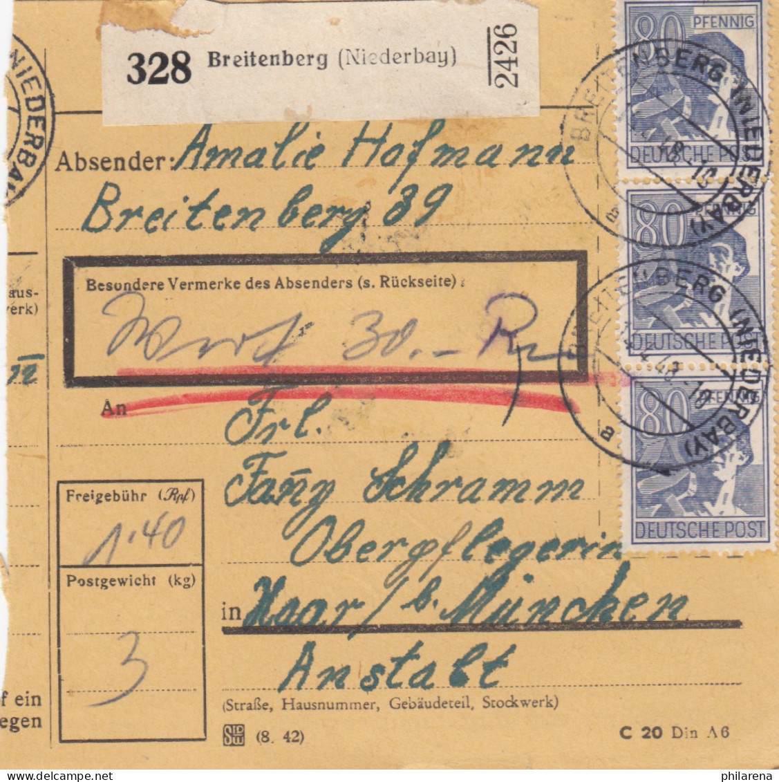 Paketkarte 1948: Breitenberg Nach Haar, Operpflegerin, Wertkarte - Lettres & Documents