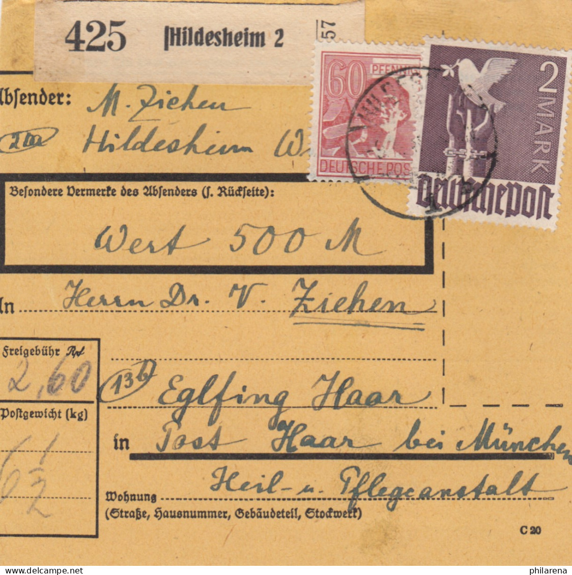 Paketkarte 1948: Hildesheim Nach Eglfing, Heilanstalt, Wertkarte - Briefe U. Dokumente