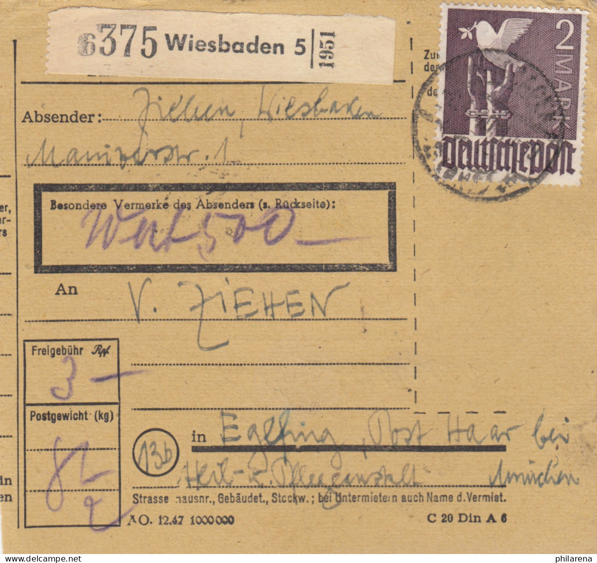 Paketkarte 1948: Wiesbaden Nach Eglfing, Anstalt, Wertkarte - Briefe U. Dokumente