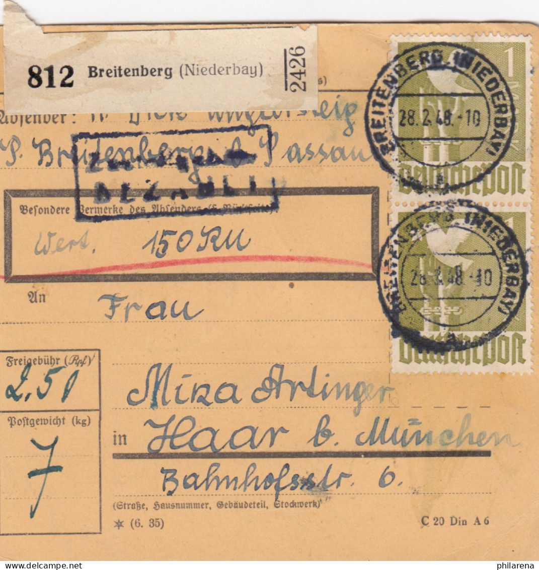 Paketkarte 1948: Breitenberg Nach Haar, Wertkarte 150 RM - Lettres & Documents