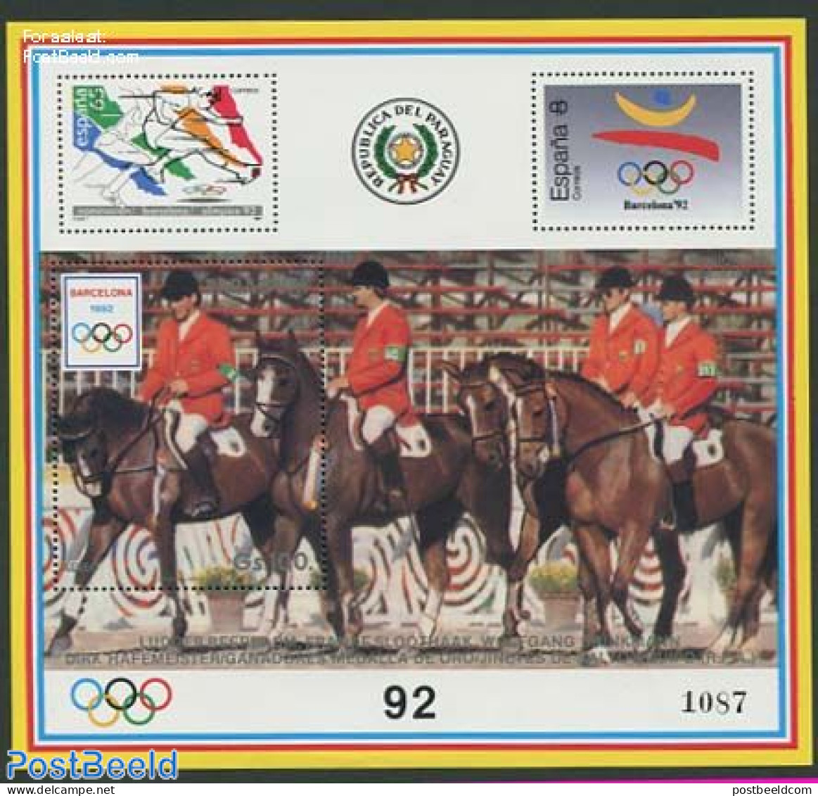 Paraguay 1990 Olympic Games, Yellow Border S/s, Mint NH, Nature - Sport - Horses - Olympic Games - Stamps On Stamps - Briefmarken Auf Briefmarken