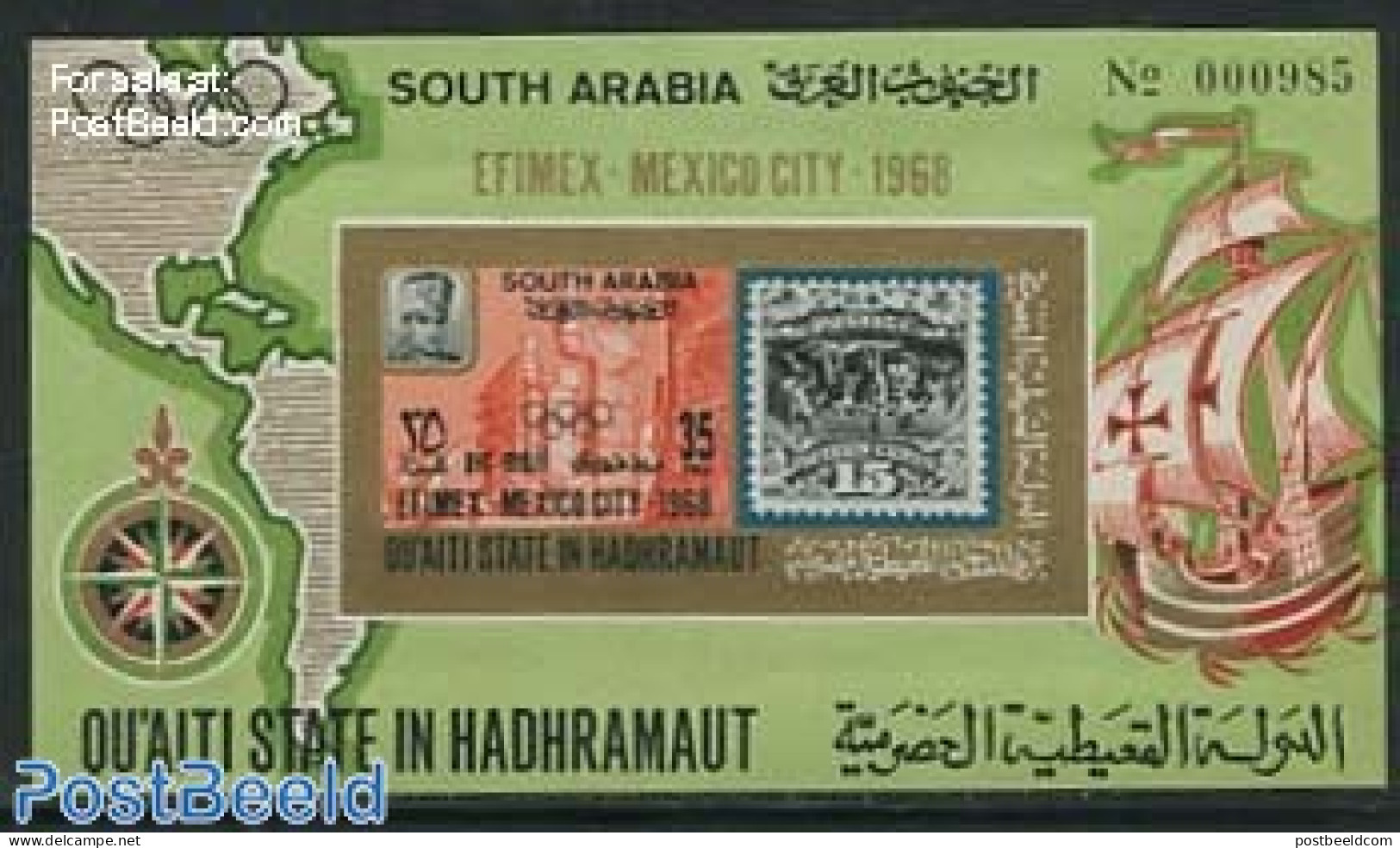 Aden 1968 Efimex S/s Imperforated, Mint NH, Sport - Olympic Games - Philately - Stamps On Stamps - Briefmarken Auf Briefmarken