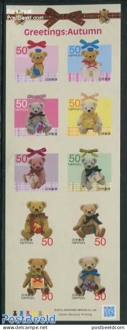 Japan 2012 Teddy Bears 10v M/s S-a, Mint NH, Various - Teddy Bears - Toys & Children's Games - Unused Stamps