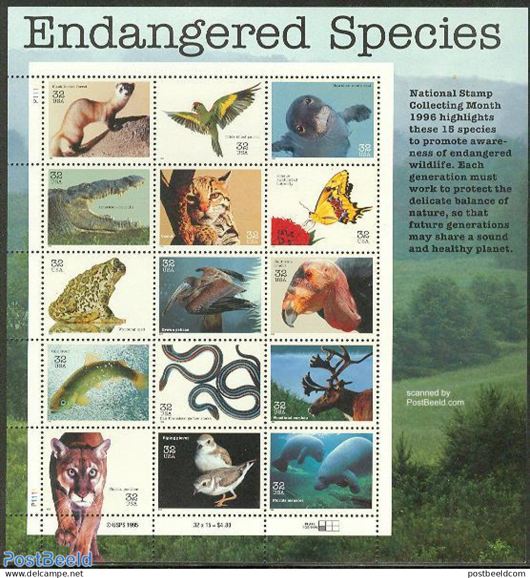 United States Of America 1996 Endangered Animals 15v M/s, Mint NH, Nature - Animals (others & Mixed) - Birds - Butterf.. - Unused Stamps