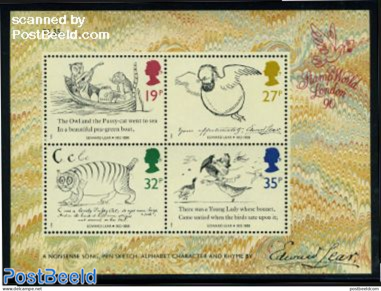 Great Britain 1988 Edward Lear S/s, Mint NH, Nature - Performance Art - Birds - Cats - Owls - Music - Art - Children's.. - Unused Stamps