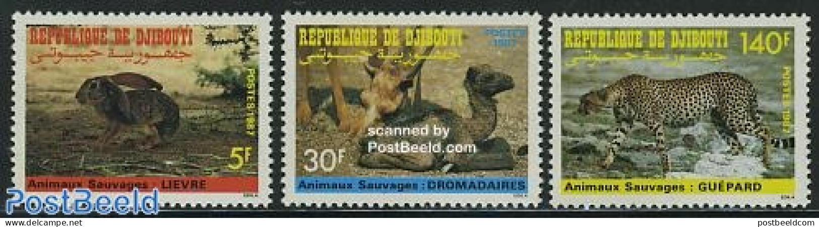 Djibouti 1987 Animals 3v, Mint NH, Nature - Animals (others & Mixed) - Camels - Cat Family - Rabbits / Hares - Gibuti (1977-...)