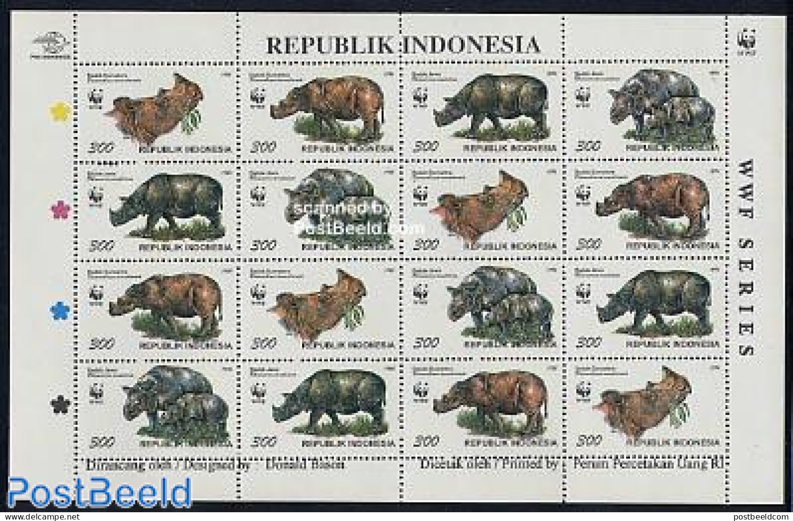 Indonesia 1996 WWF Sheet Of 16, Mint NH, Nature - Animals (others & Mixed) - Rhinoceros - World Wildlife Fund (WWF) - Indonésie