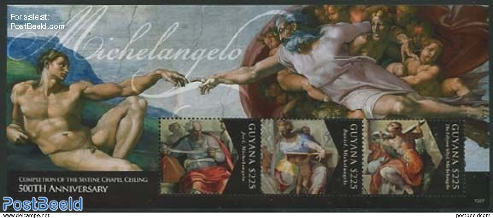 Guyana 2012 Michelangelo 500 Years Sistine Chapel 3v M/s, Mint NH, Art - Michelangelo - Paintings - Guyane (1966-...)