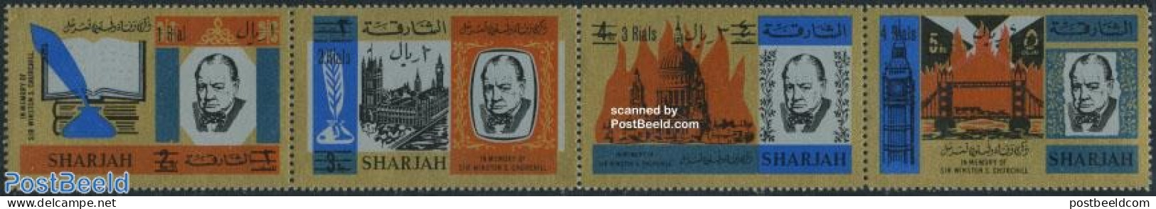 Sharjah 1966 Churchill Overprints 4v [:::], Mint NH, History - Churchill - Art - Bridges And Tunnels - Sir Winston Churchill