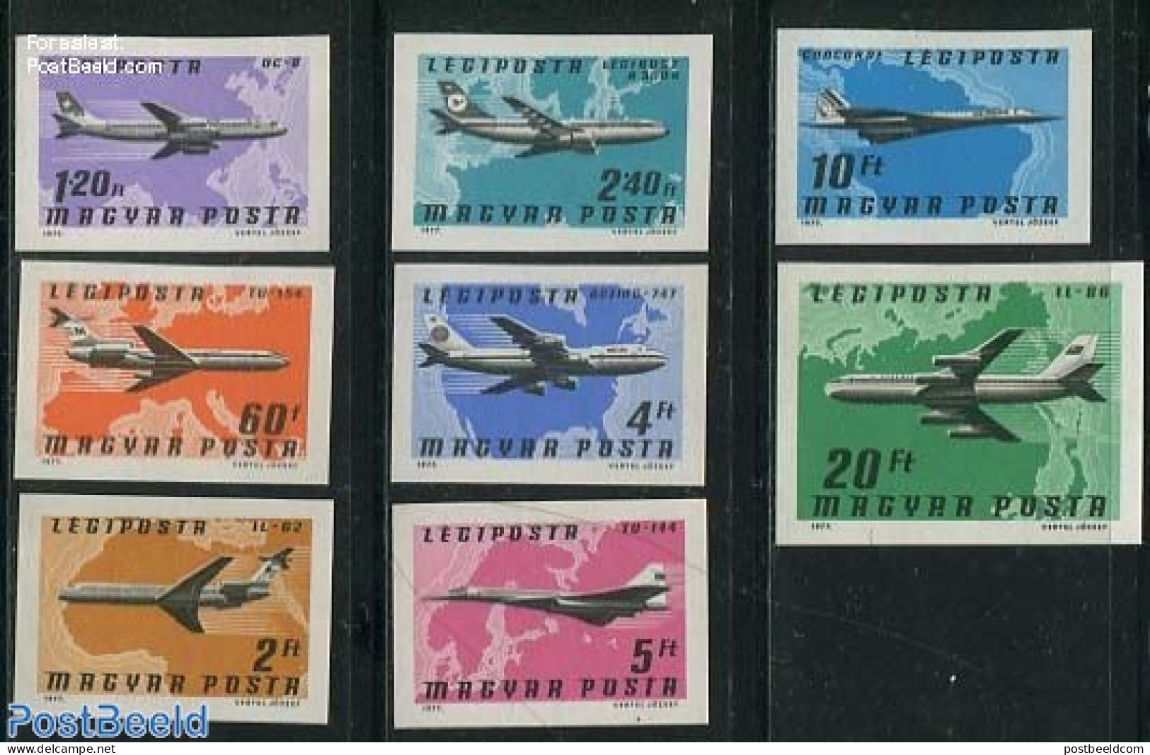 Hungary 1977 Aeroplanes, Maps 8v Imperforated, Mint NH, Transport - Various - Aircraft & Aviation - Maps - Unused Stamps