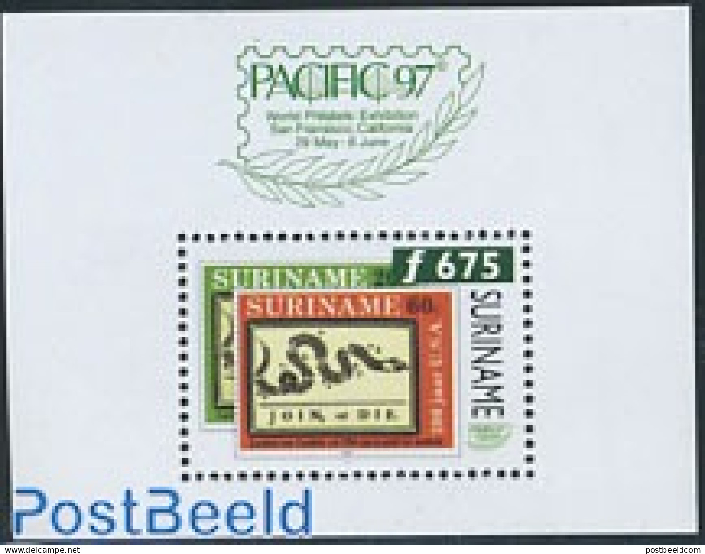 Suriname, Republic 1997 Pacific 97 Exposition S/s, Mint NH, Nature - Snakes - Stamps On Stamps - Briefmarken Auf Briefmarken
