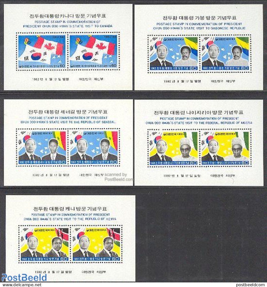 Korea, South 1982 Presidential Travels 5 S/s, Mint NH, History - Flags - Politicians - Corée Du Sud