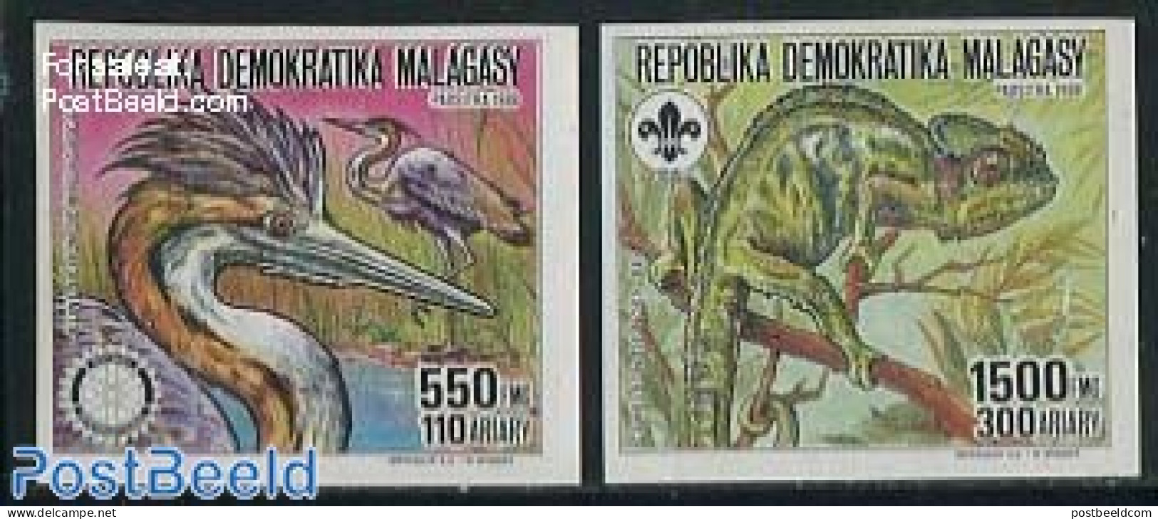 Madagascar 1988 Rotary, Scouting 2v, Imperforated, Mint NH, Nature - Sport - Various - Birds - Reptiles - Scouting - R.. - Rotary, Lions Club