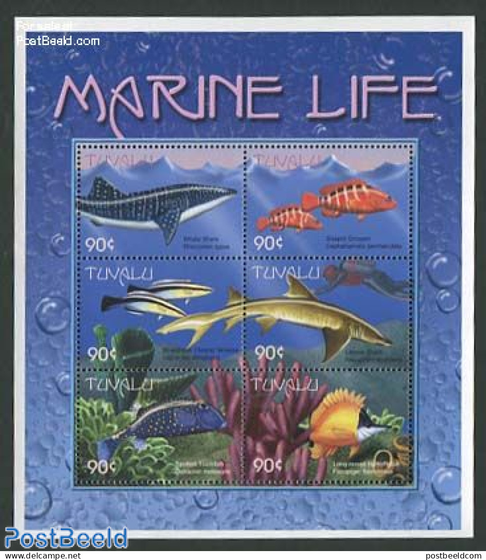 Tuvalu 2000 Marine Life 6v M/s, Mint NH, Nature - Fish - Sharks - Peces