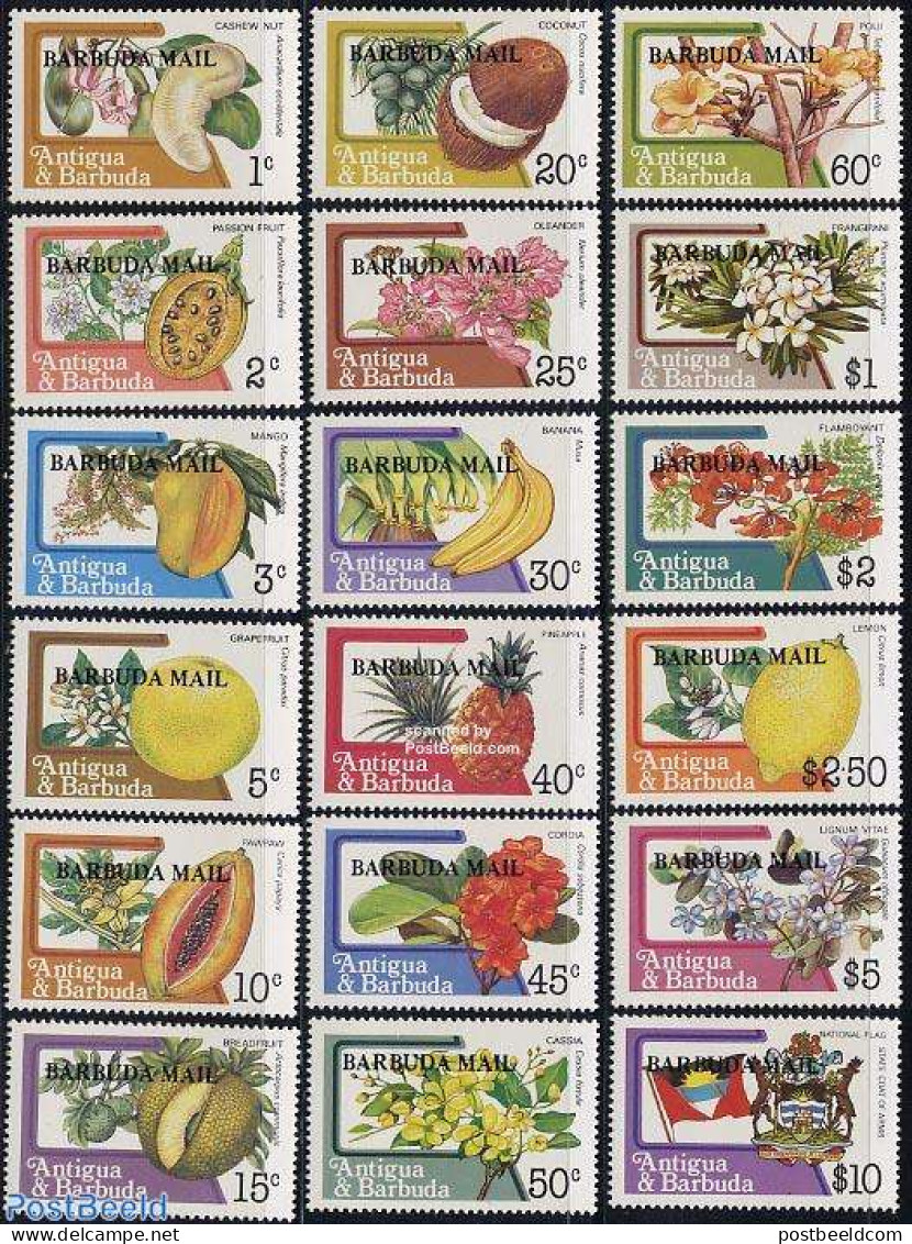 Barbuda 1983 Definitives, Flowers & Fruits 18v, Mint NH, Nature - Flowers & Plants - Fruit - Fruits