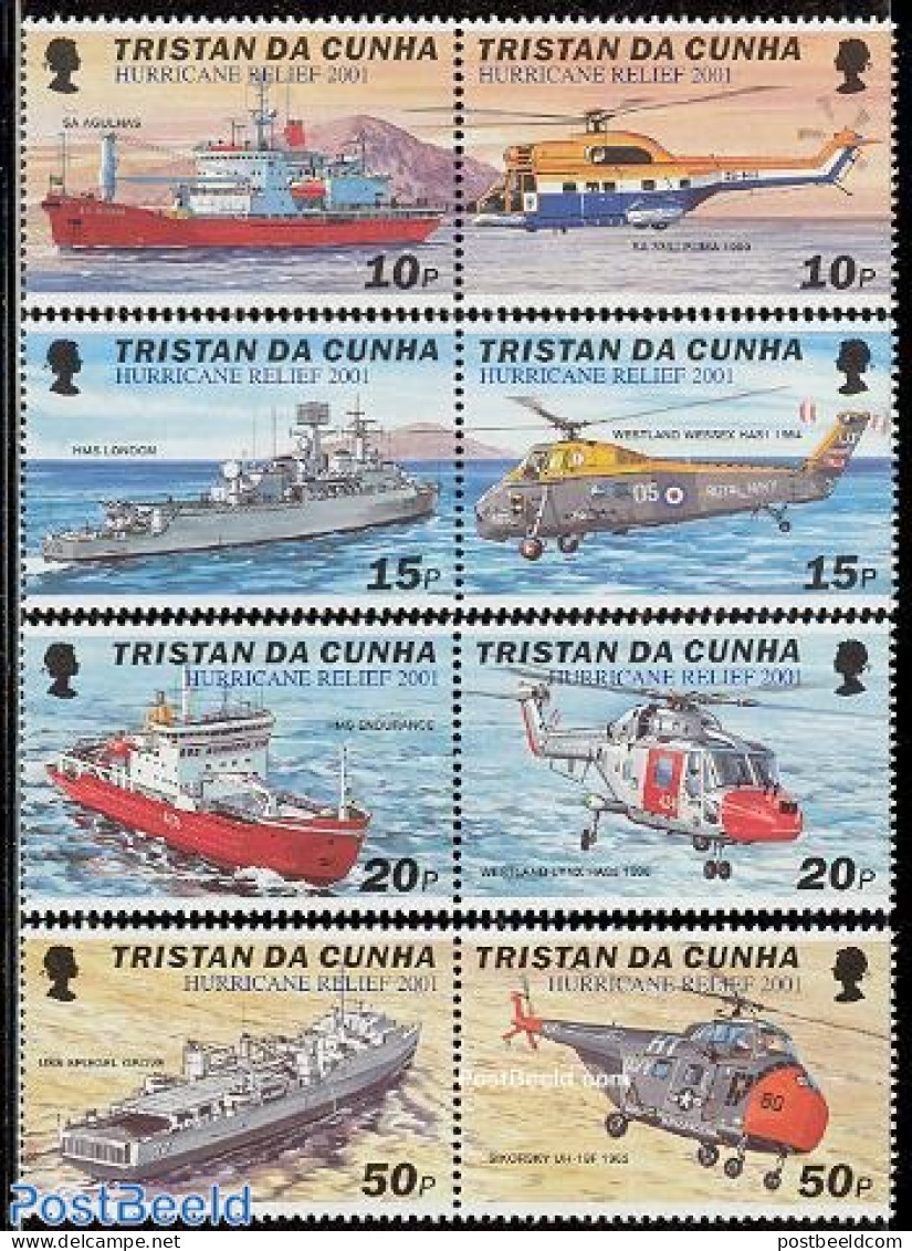 Tristan Da Cunha 2001 Storm Victims 4x2v, Mint NH, Transport - Helicopters - Ships And Boats - Hubschrauber