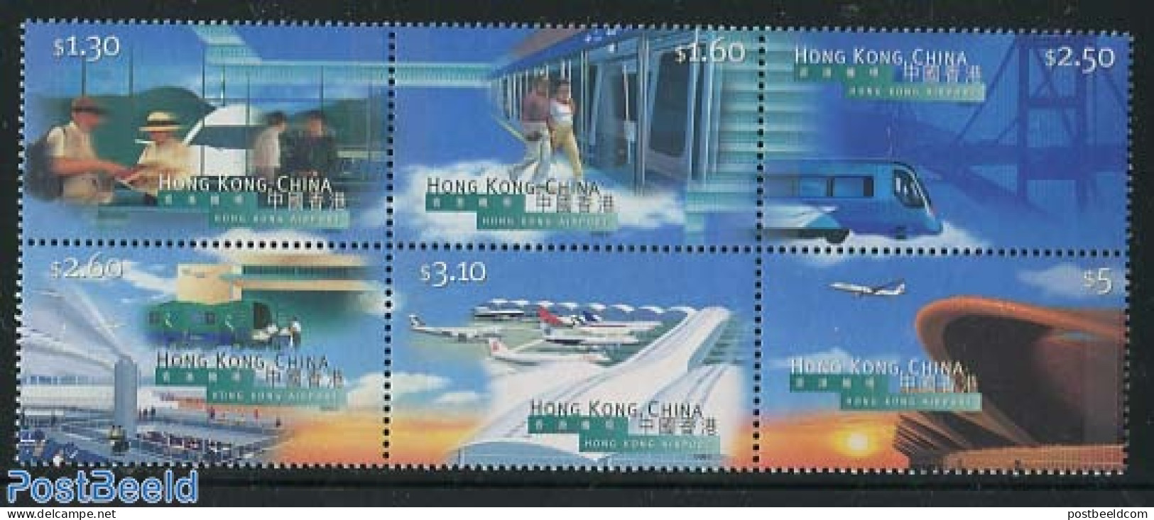 Hong Kong 1998 Chek Lap Kok Airport 6v [++], Mint NH, Transport - Aircraft & Aviation - Railways - Nuovi