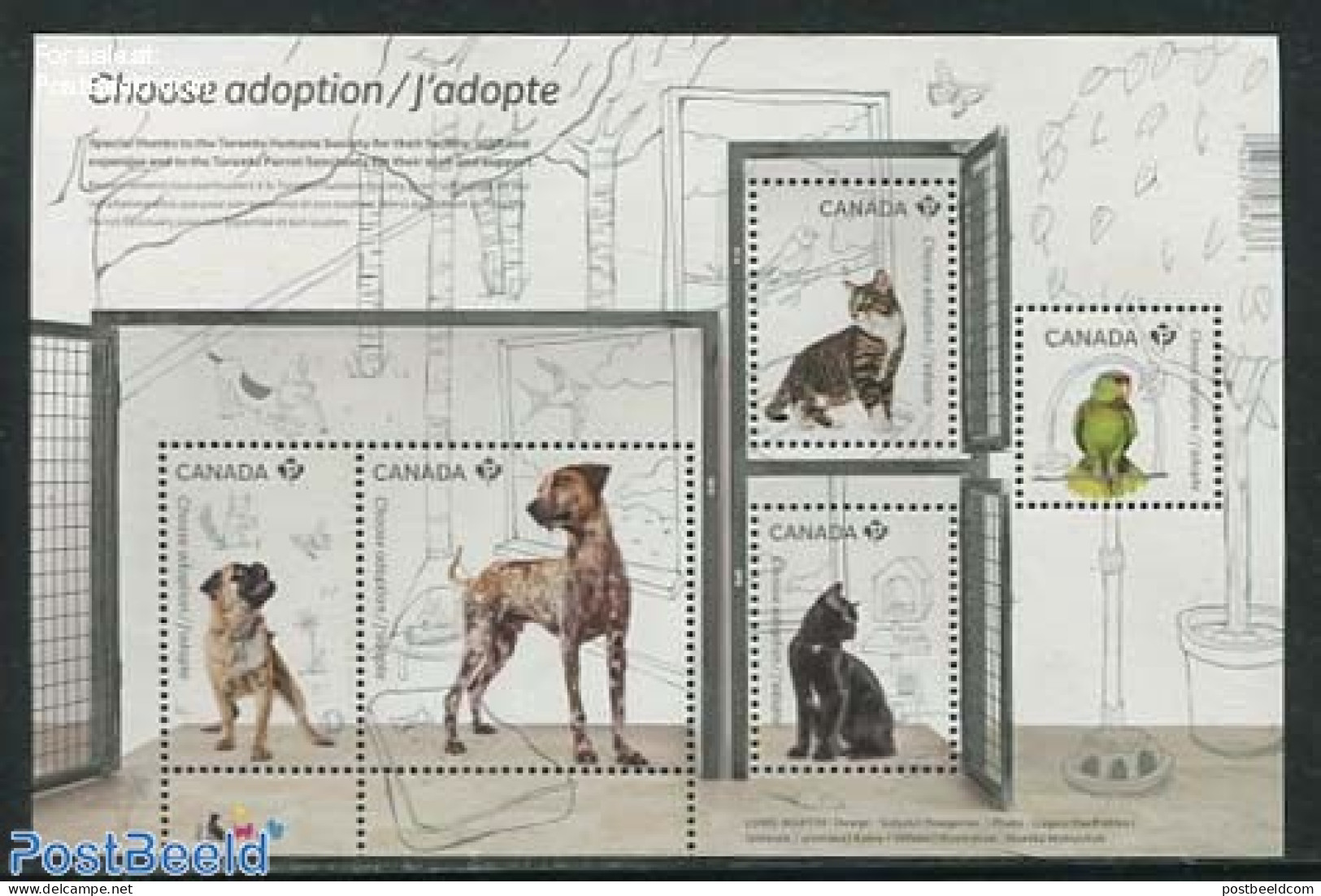 Canada 2013 Animal Adoption 5v M/s, Mint NH, Nature - Animals (others & Mixed) - Birds - Cats - Dogs - Parrots - Ungebraucht