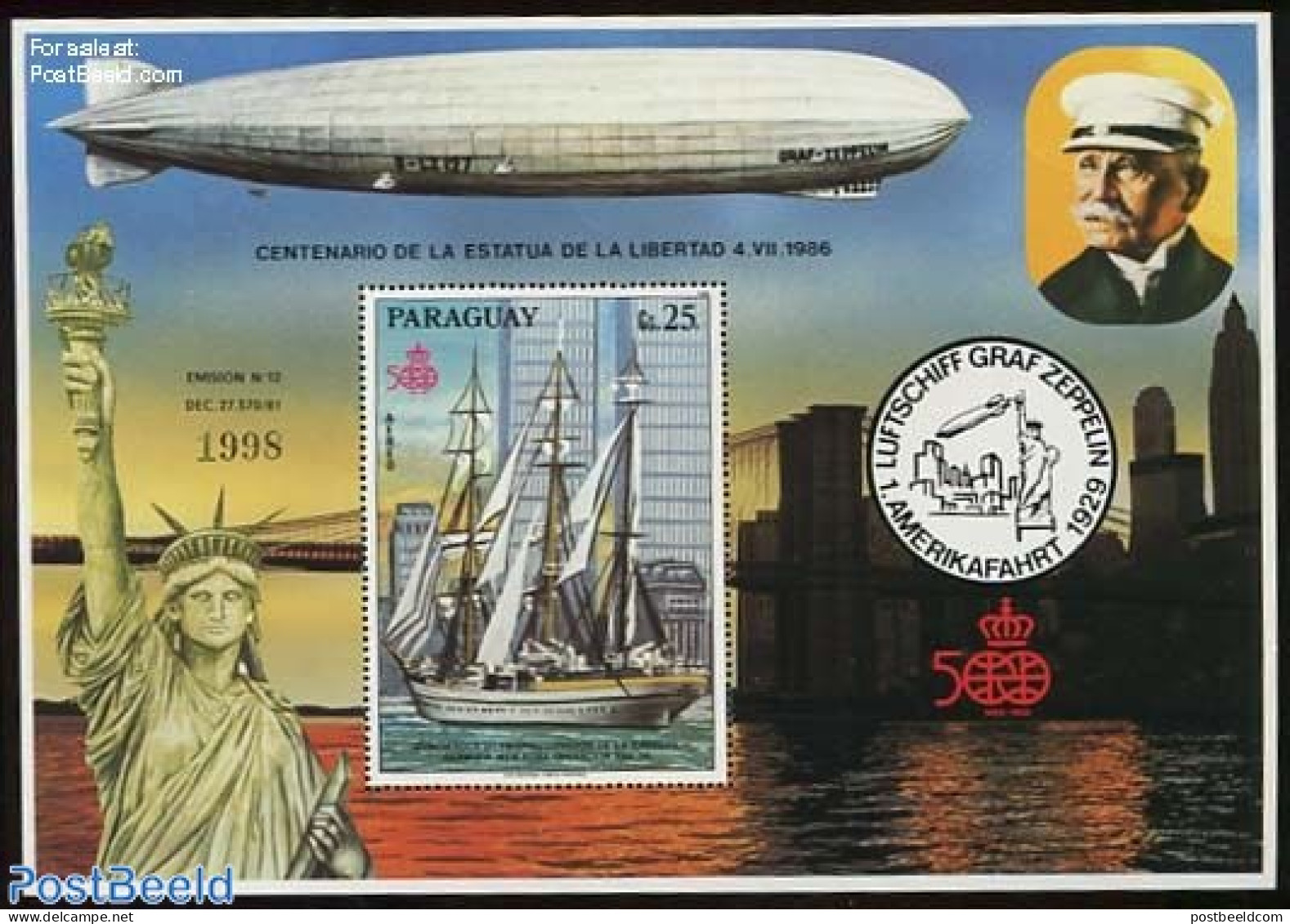 Paraguay 1986 Statue Of Liberty S/s, Mint NH, Transport - Ships And Boats - Zeppelins - Art - Sculpture - Schiffe
