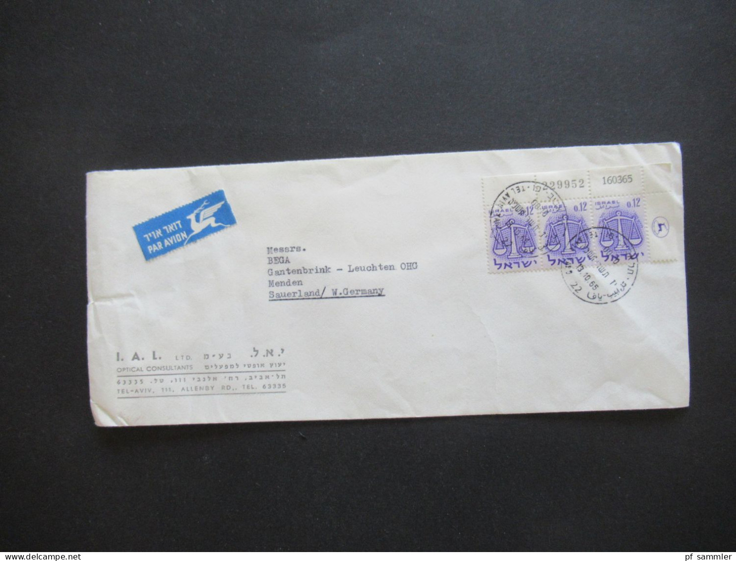 Israel 1965 Marken Als Eckrand 3er Streifen! Bogenbedruckung! Par Avion Luftpost Auslandsbrief Tel Aviv - Menden Sauerla - Briefe U. Dokumente