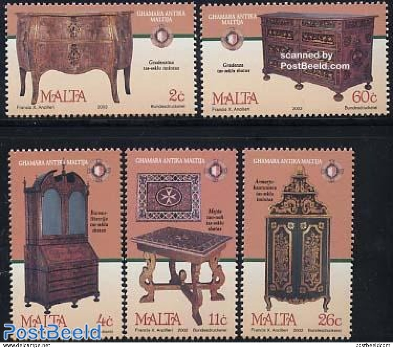 Malta 2002 Antique Furniture 5v, Mint NH, Art - Art & Antique Objects - Malte