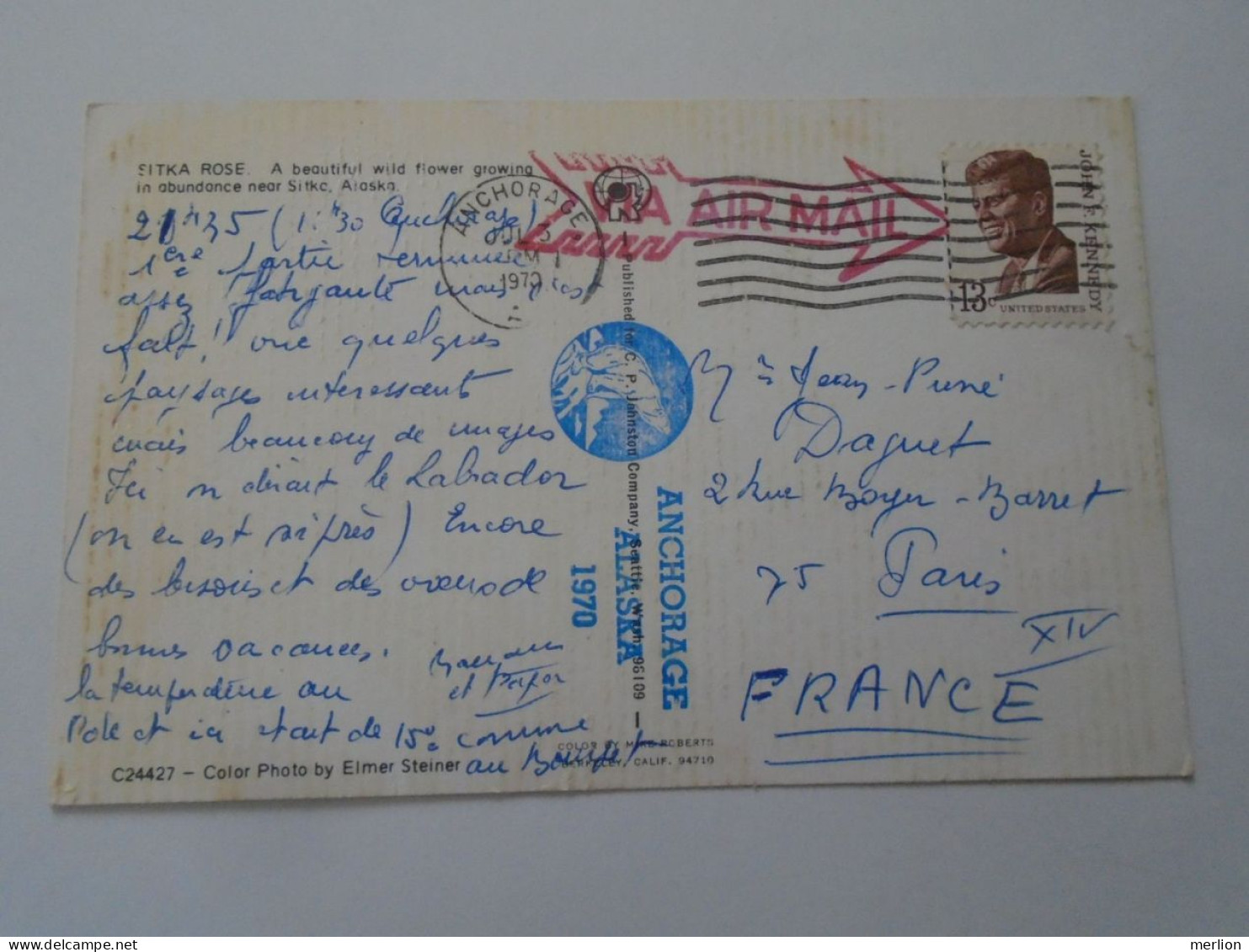 D203320  Old Postcard  Alaska Sitka Rose - Cancel Anchorage 1970  Stamp JFK  -red Handstamp: Via Airmail - Lettres & Documents