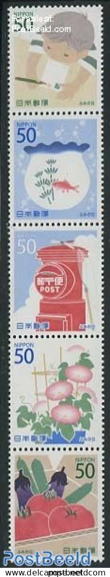 Japan 2013 Letter Writing Day 5v [::::], Mint NH, Health - Nature - Food & Drink - Fish - Flowers & Plants - Mail Boxes - Unused Stamps