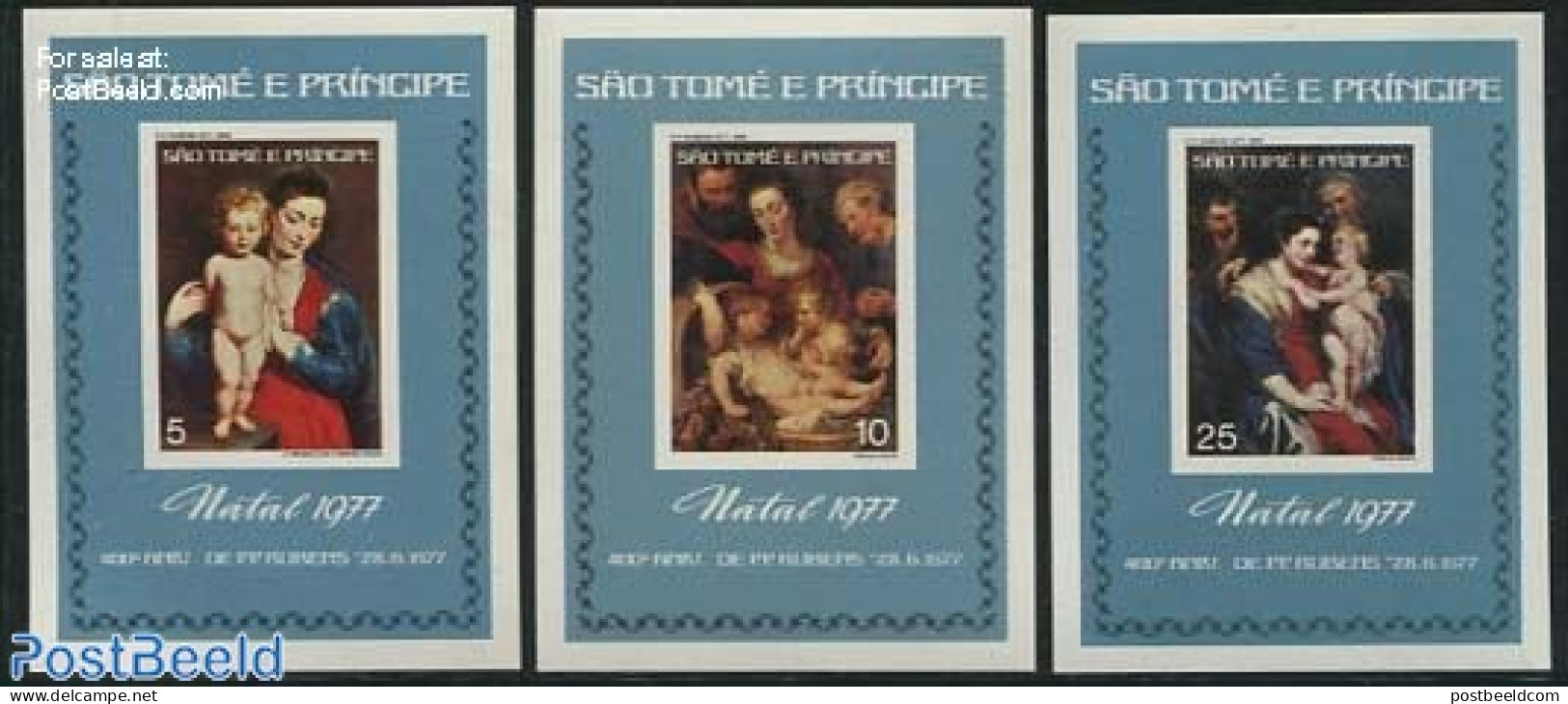 Sao Tome/Principe 1977 Christmas, Rubens 3 Sd/s, Imperforated, Mint NH, Religion - Christmas - Art - Paintings - Rubens - Weihnachten
