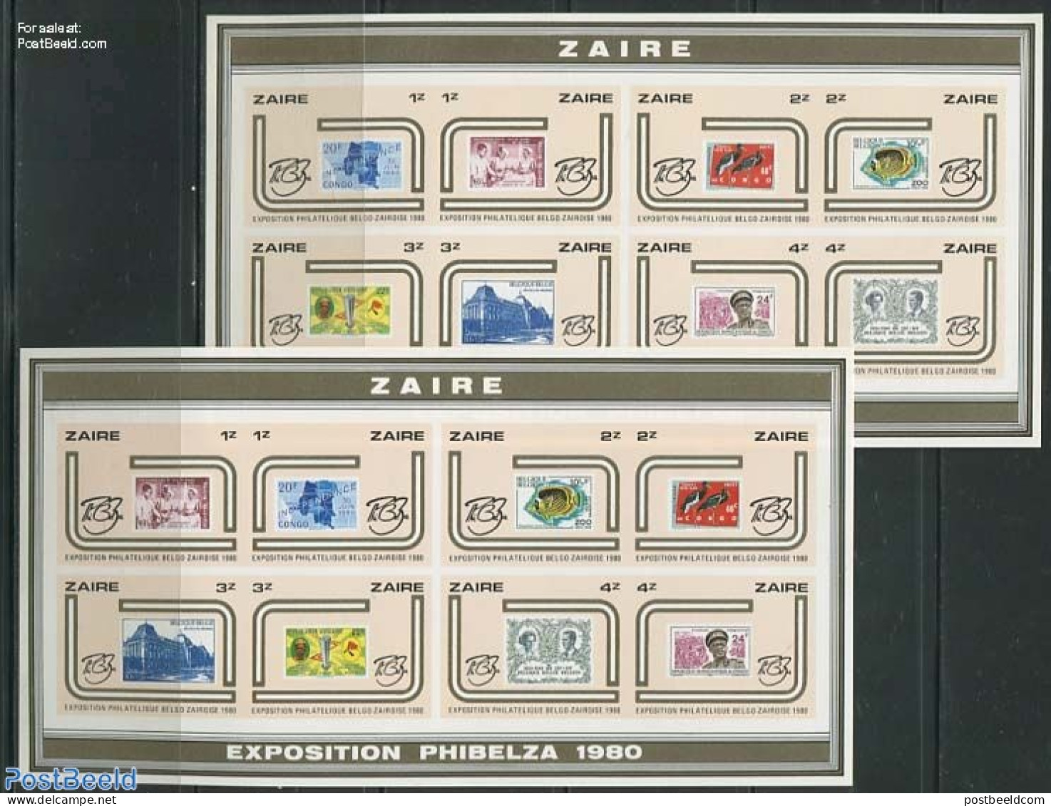 Congo Dem. Republic, (zaire) 1980 Stamp Exposition 2 M/s, Imperforated, Mint NH, Nature - Birds - Fish - Philately - S.. - Peces