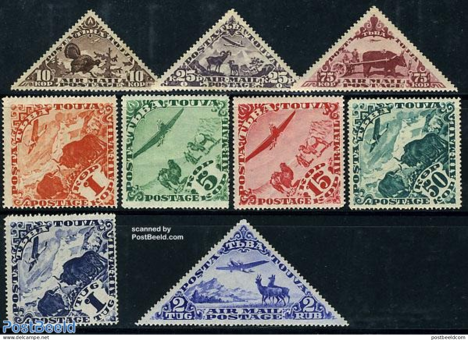 Tuva 1934 Definitives 9v, Mint NH, Nature - Transport - Animals (others & Mixed) - Camels - Deer - Aircraft & Aviation.. - Flugzeuge