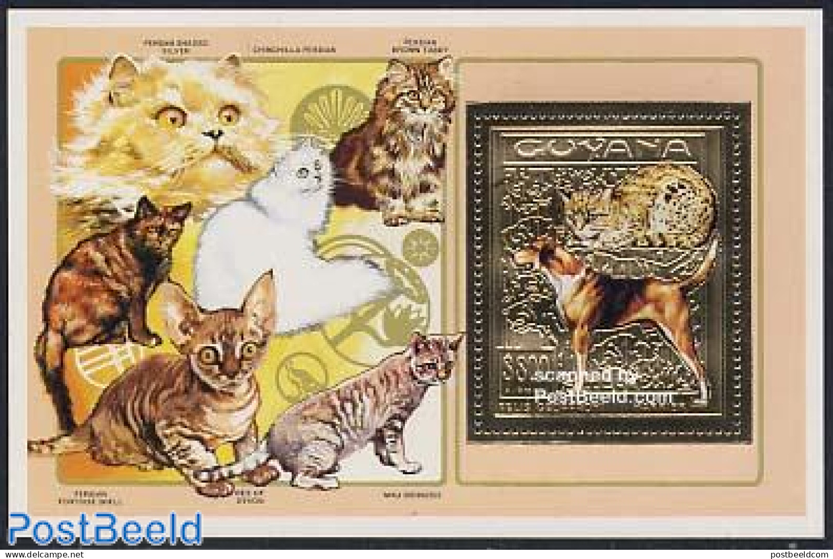 Guyana 1993 Dogs & Cats S/s, Gold, Mint NH, Nature - Cats - Dogs - Guyane (1966-...)