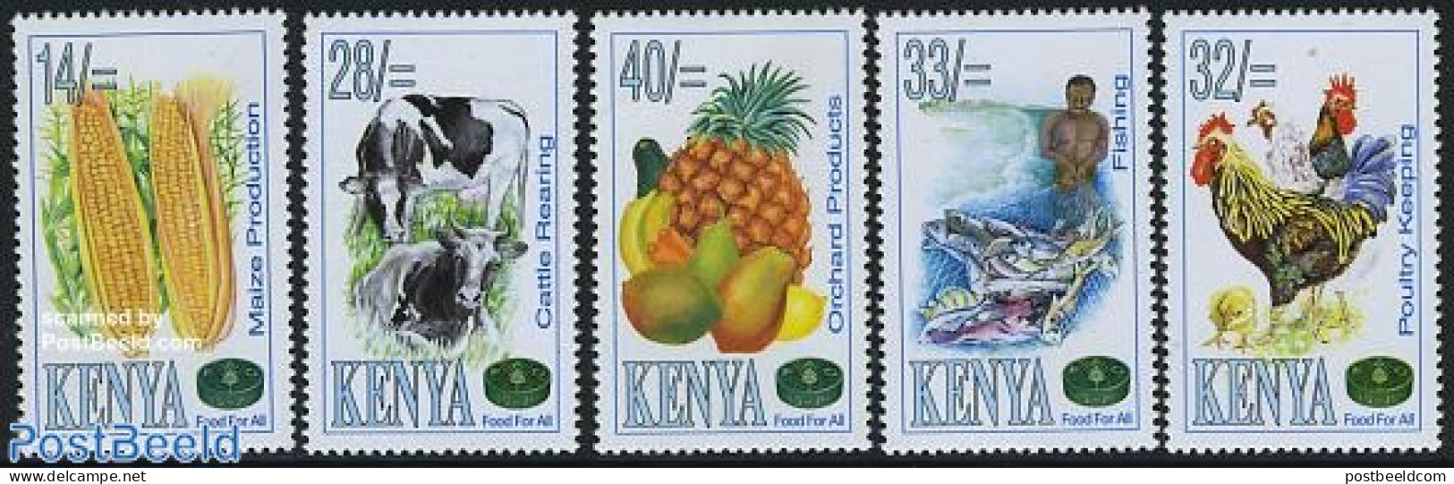 Kenia 1995 F.A.O. 5v, Mint NH, Health - Nature - Food & Drink - Birds - Cattle - Fish - Fruit - Poultry - Levensmiddelen