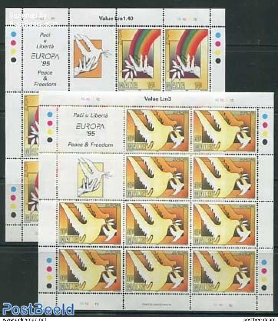 Malta 1995 Europa, Peace & Freedom 2 M/s, Mint NH, History - Nature - Europa (cept) - Peace - Birds - Pigeons - Malte