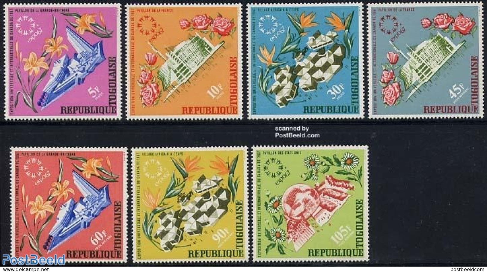 Togo 1967 Expo Montreal 7v, Mint NH, Nature - Various - Flowers & Plants - Roses - World Expositions - Modern Architec.. - Togo (1960-...)