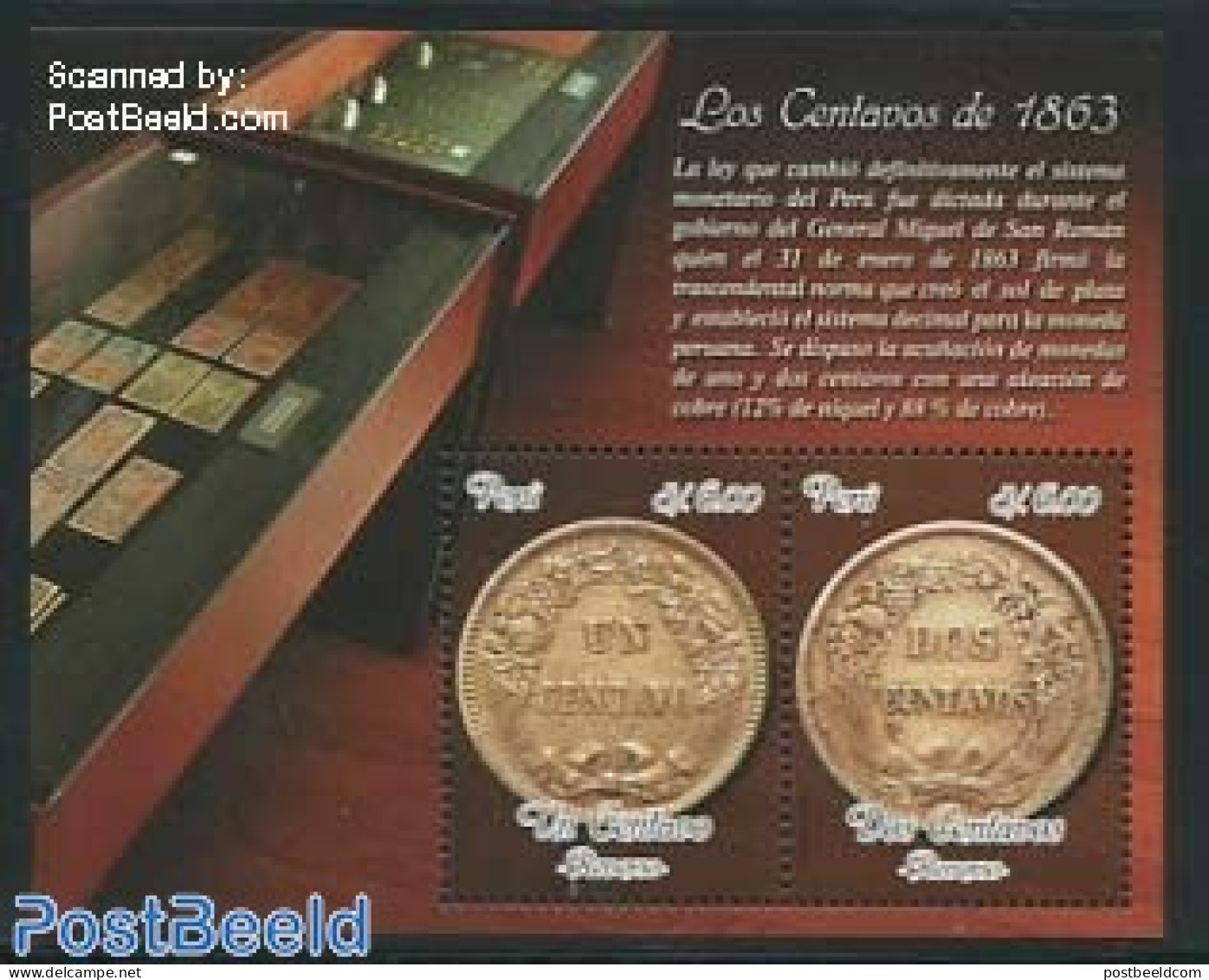 Peru 2013 The 1863 Centavos Coins S/s, Mint NH, Various - Money On Stamps - Münzen