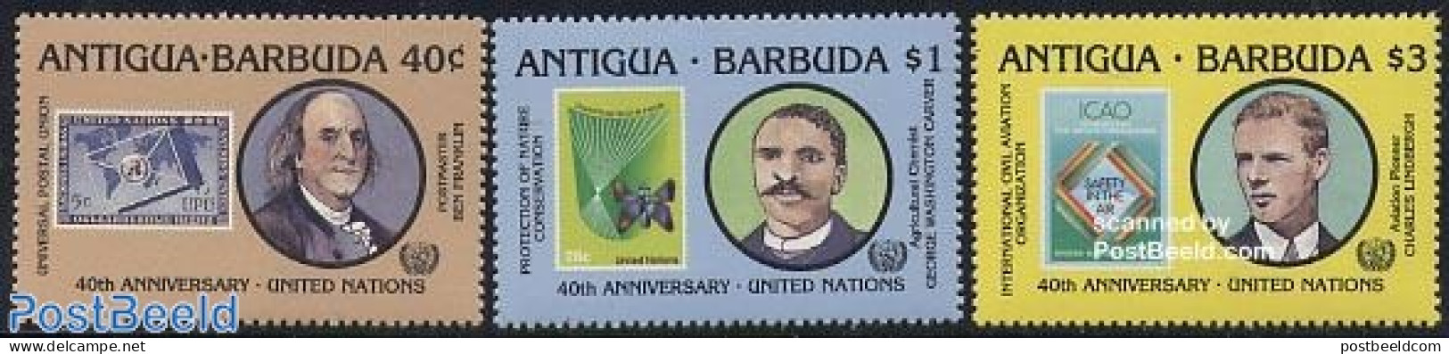Antigua & Barbuda 1985 40 Years UNO 3v, Mint NH, History - Science - Transport - United Nations - Chemistry & Chemists.. - Chimie
