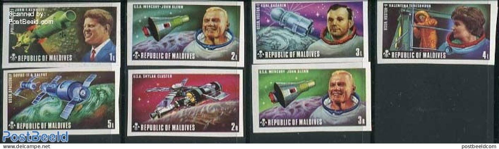 Maldives 1973 Space Explorations 7v, Imperforated, Mint NH, History - Transport - American Presidents - Space Explorat.. - Maldives (1965-...)
