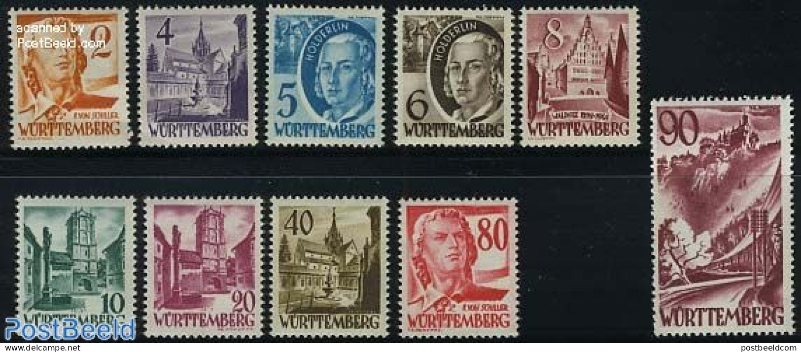 Germany, French Zone 1948 Wurttemberg, Definitives 10v, Unused (hinged), Religion - Cloisters & Abbeys - Art - Authors.. - Abbeys & Monasteries