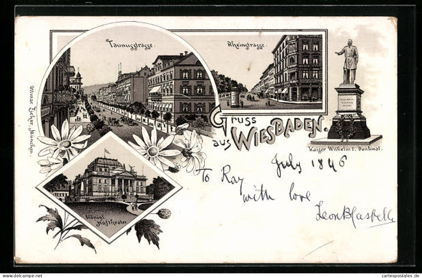 Lithographie Wiesbaden, Taunusstrasse, Rheinstrasse, Königl. Hoftheater, Kaiser Wilhelm I. Denkmal  - Teatro
