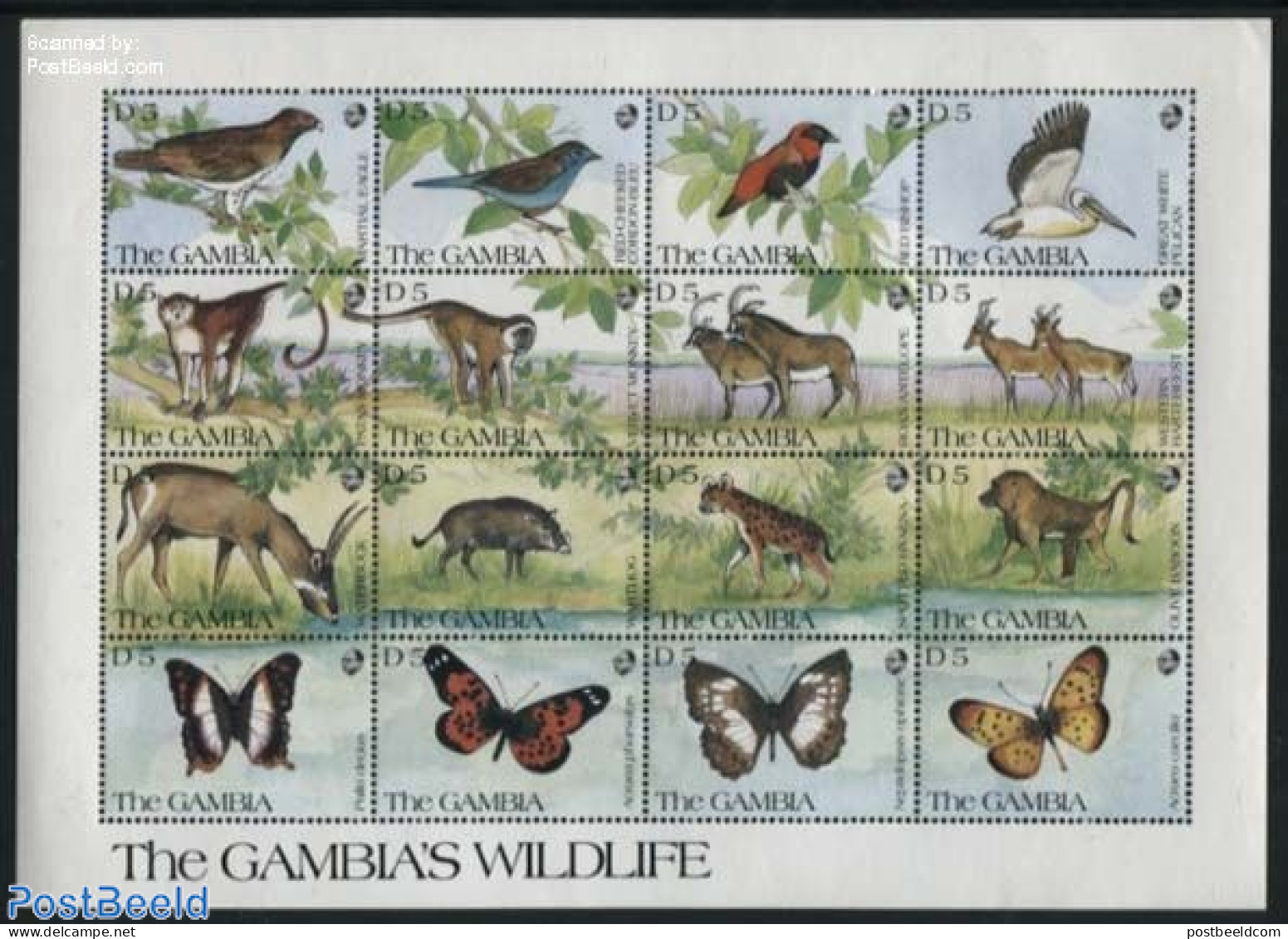 Gambia 1991 Animals M/s (16xD5), Mint NH, Nature - Animals (others & Mixed) - Birds - Butterflies - Monkeys - Gambia (...-1964)