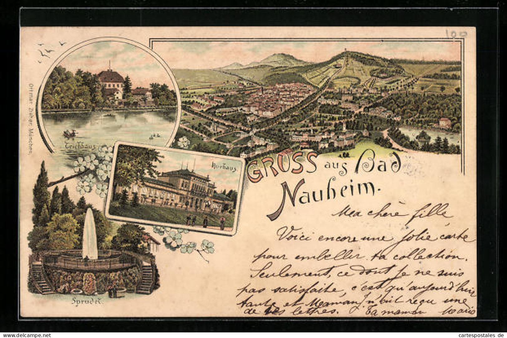 Lithographie Bad Nauheim, Gesamtansicht, Teichhaus, Kurhaus  - Bad Nauheim