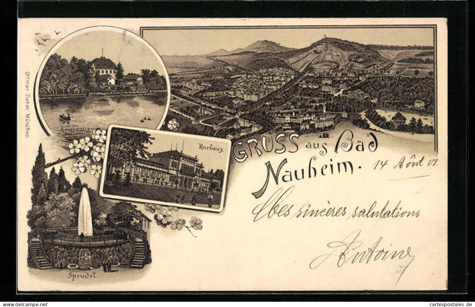 Lithographie Bad Nauheim, Kurhaus, Teichhaus, Totalansicht  - Bad Nauheim