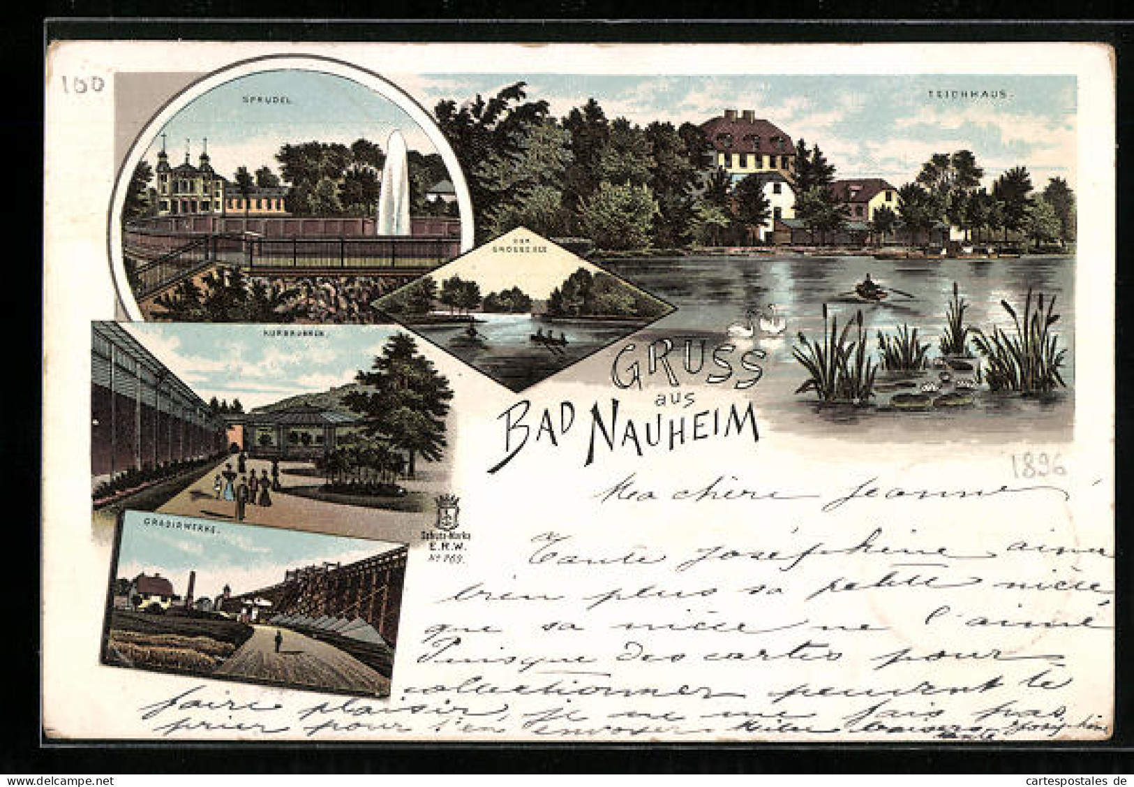 Lithographie Bad Nauheim, Sprudel, Kurbrunnen, Teichhaus, Gradirwerke  - Bad Nauheim