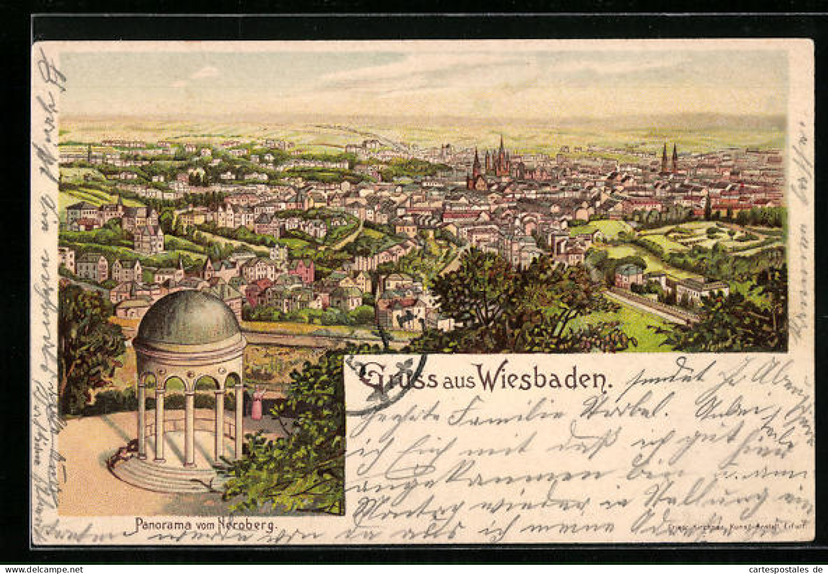 Lithographie Wiesbaden, Panoramablick Vom Neroberg Aus Gesehen  - Wiesbaden